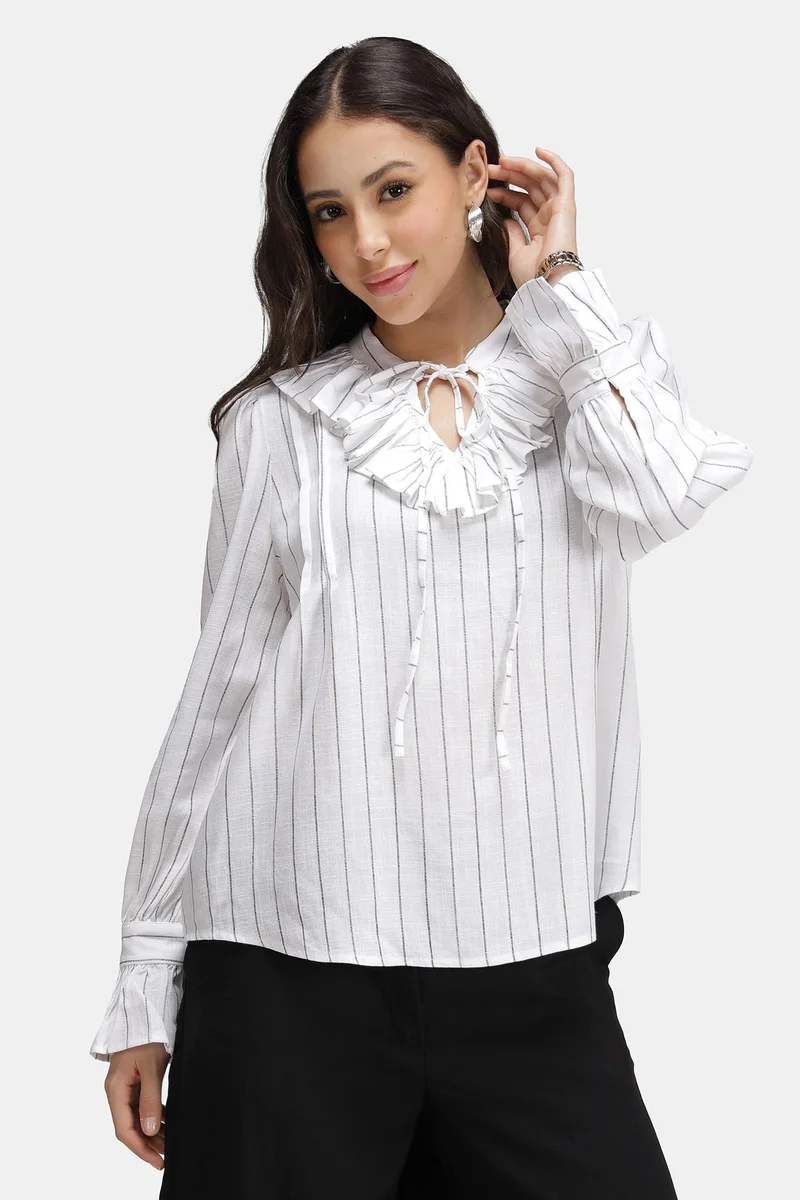 Virgio  Stripes Linen Striped Ruffle Neck Top for Women for Women | Best Price UAE