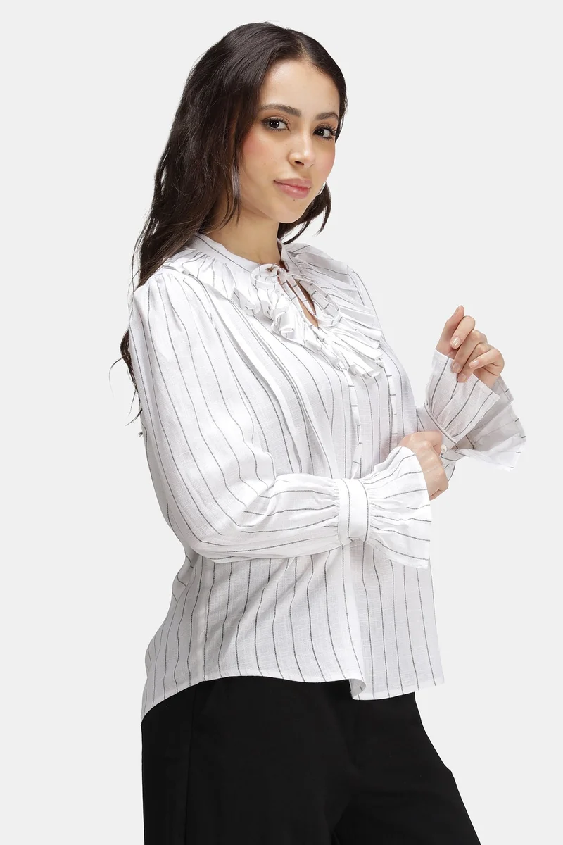 Virgio  Stripes Linen Striped Ruffle Neck Top for Women for Women | Best Price UAE