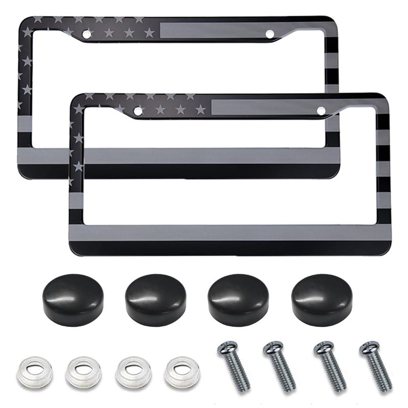 ZIMISI 2PCS American Flag License Plate Frames Stainless Steel Tag Frame Car License Plate Protector Holder with Screws Fasteners Caps Universal Front Rear Car License Plate Cover 2 HolesFlag - Image 3