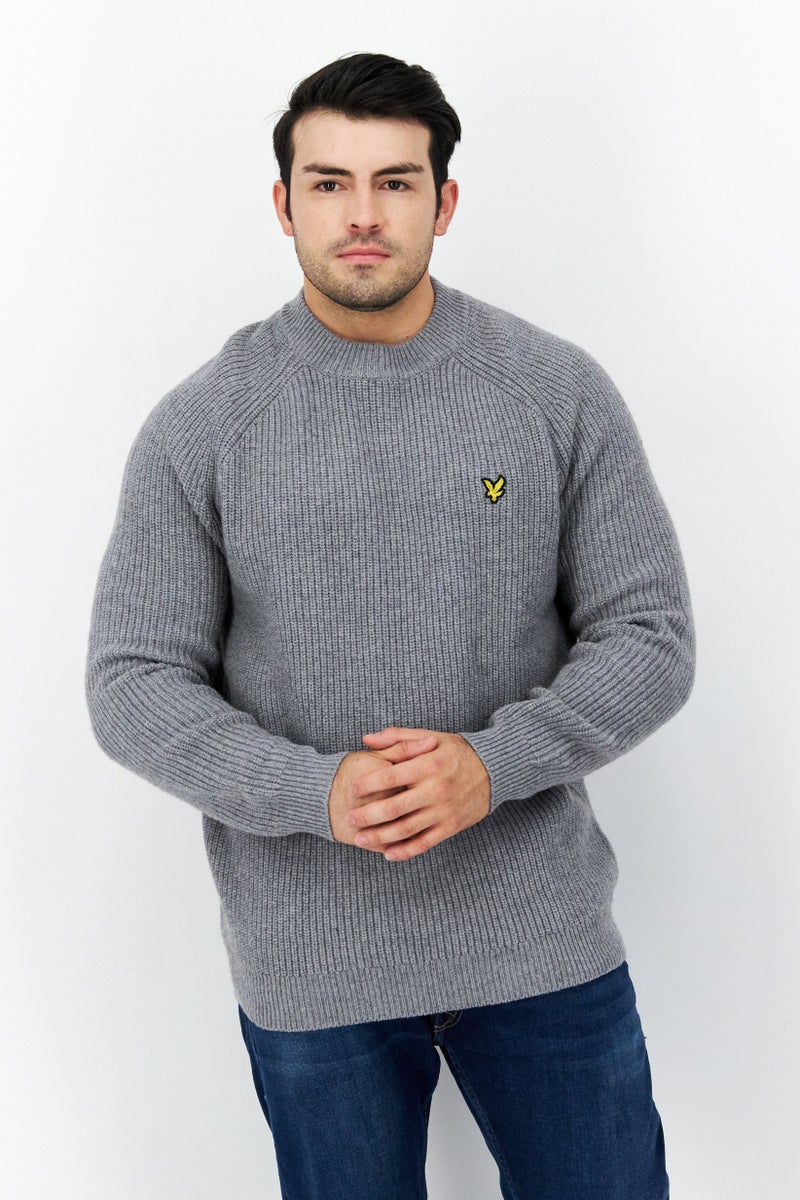 Lyle & Scott سويت شيرت رجالي بياقة دائرية بتصميم شايكر، رمادي - Image 1