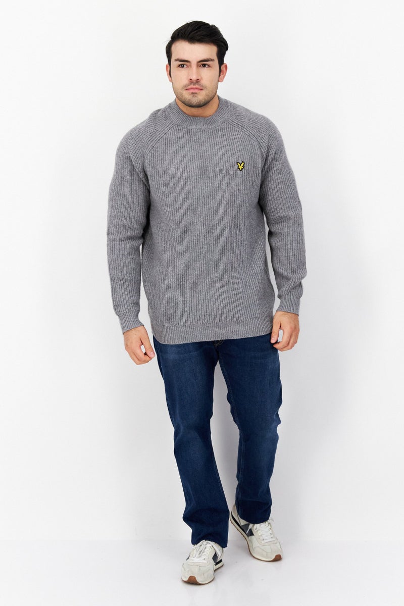 Lyle & Scott سويت شيرت رجالي بياقة دائرية بتصميم شايكر، رمادي - Image 3