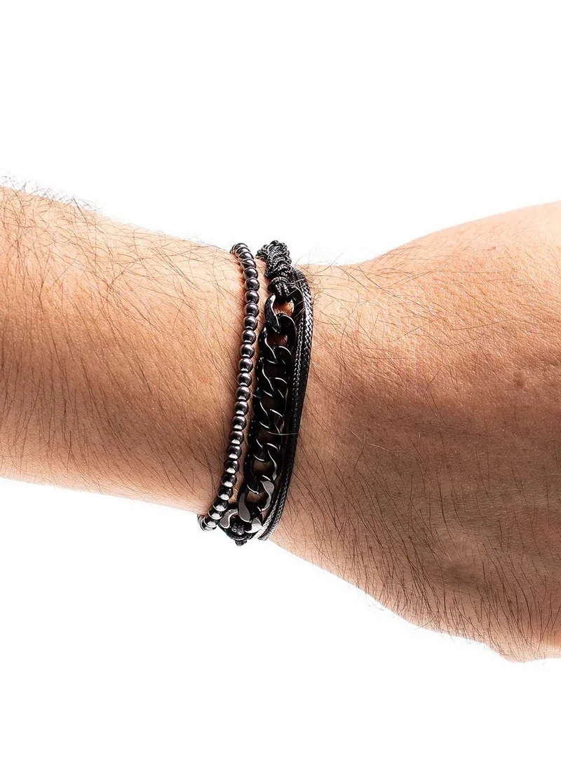 CHRYSOSTOMOS Handmade Adjustable Beaded Multi-Line Bracelet with Glossy Hematite, Cords, Snake Knot and Chain