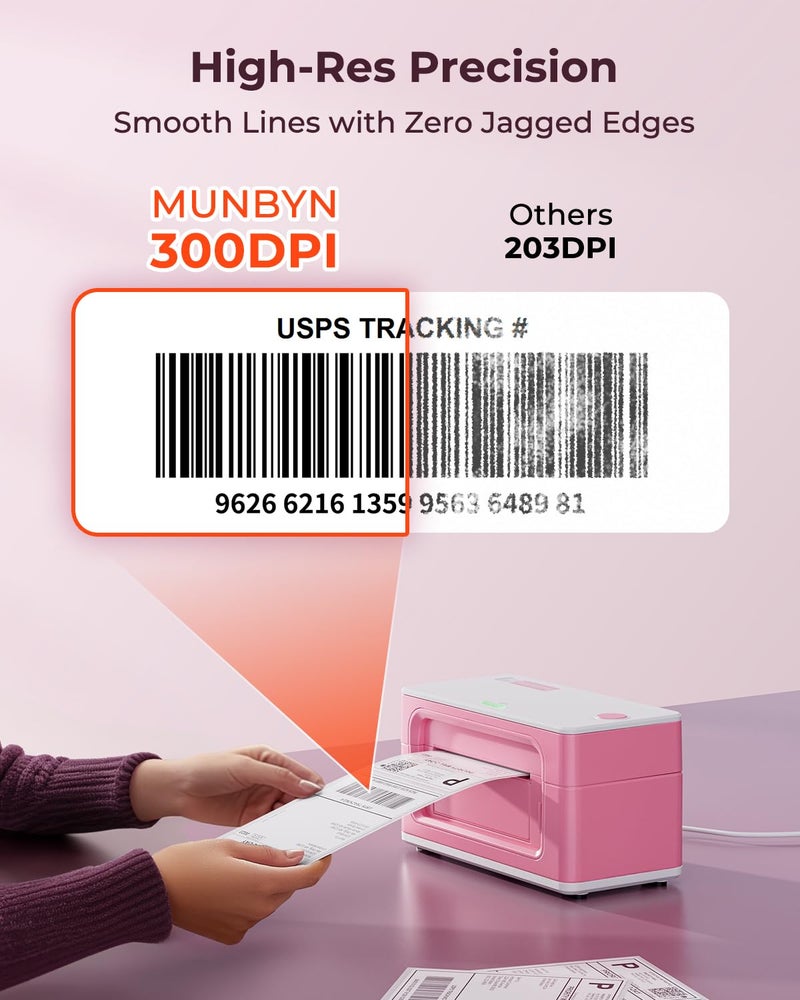 MUNBYN Bluetooth thermal Label Printer 941B, Wireless 300DPI 4x6 Shipping Label Printer for Small Business, Compatible with Windows, Mac, iPhone, Android (Pink) - Image 2