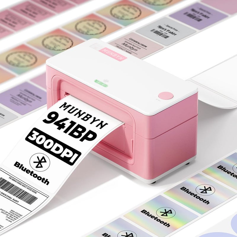 MUNBYN Bluetooth thermal Label Printer 941B, Wireless 300DPI 4x6 Shipping Label Printer for Small Business, Compatible with Windows, Mac, iPhone, Android (Pink) - Image 1