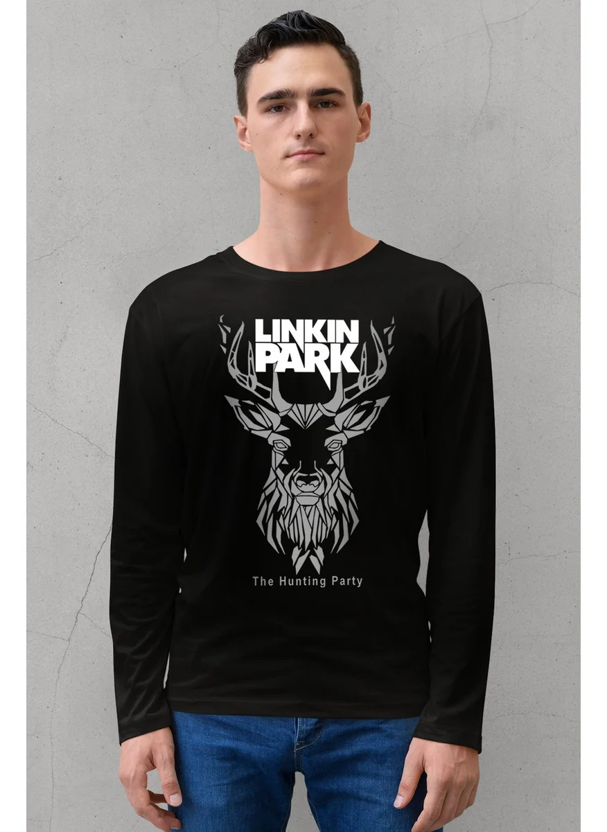 Rock&Roll Geometric Deer Crew Neck Black Long Sleeve Combed Cotton Men's T-Shirt