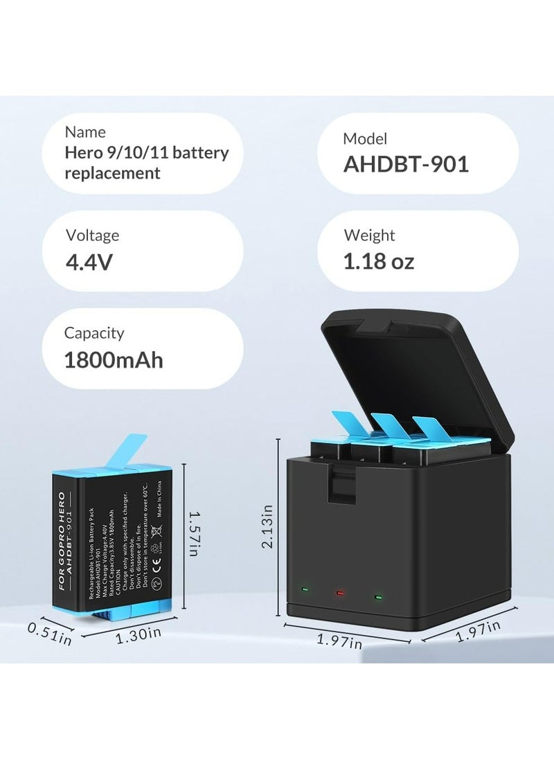 Generic - Hero 9 10 11 12 Battery 3-Pack, 1800mAh Battery Capacity, with USB Storage Fast Charger and Battery Protective Case, Fully Compatible with GoPro Hero 9 10 11 12 Black - Image 1