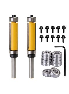 Yakamoz 2Pcs 1/4'' Shank Top and Bottom Bearing Guide Flush Trim Pattern Router Bit Set Woodworking Cutter Tool with 10 Pcs Top Mounted Replacement Bearings