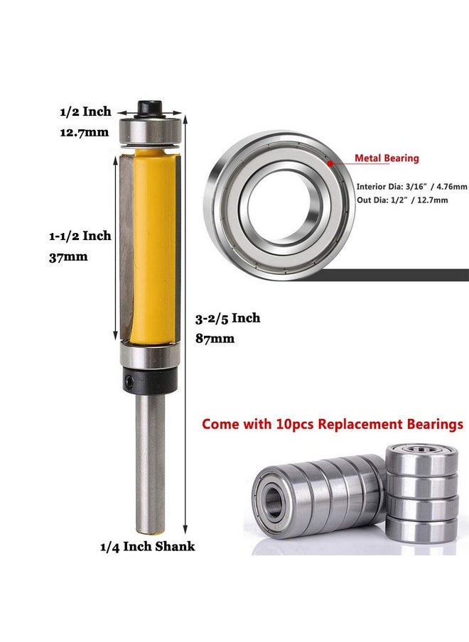 Yakamoz - Yakamoz 2Pcs 1/4'' Shank Top and Bottom Bearing Guide Flush Trim Pattern Router Bit Set Woodworking Cutter Tool with 10 Pcs Top Mounted Replacement Bearings - Image 1