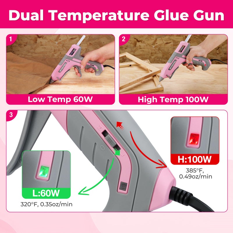 WORKPRO Hot Glue Gun Full Size - 60/100W Dual Temp Glue Gun and Sticks Set with 10 PCS Glue Sticks (7/16") - 90S Fast Preheating Hot Glue Gun for Construction, Crafting, DIY and Repairs - Pink Ribbon - Image 4