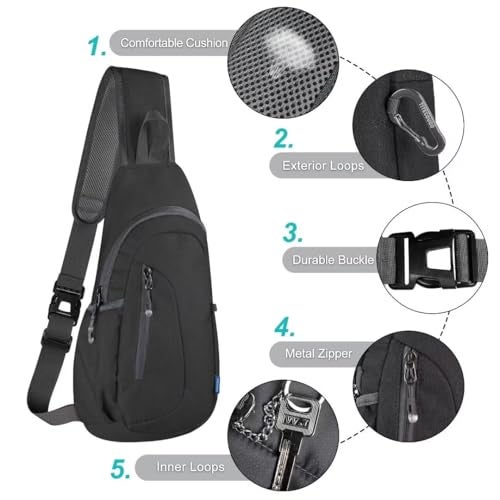 TITECOUGO Small Sling Bag Lightweight Crossbody Bag for Women Men Hiking Backpack Travel Shoulder Bags Chest Daypack for Gym Work Casual Cycling Sports Z1-Canvas Dark Black - Image 5