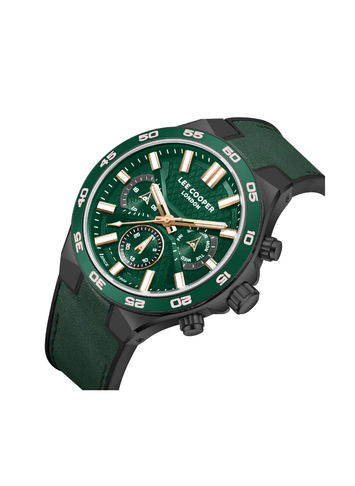لي كوبر Men's Multi Function Display Watch With Dark Green Leather Strap - LC08066.077