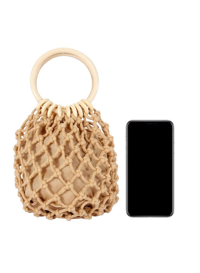 Ayliss Ayliss Women Mini Clutch Tote Handbag Top-handle Bucket Drawstring Handbag Summer Beach Woven Handmade Fishing Net Bag Pouch Purse (Light Khaki, Mini) - Image 3