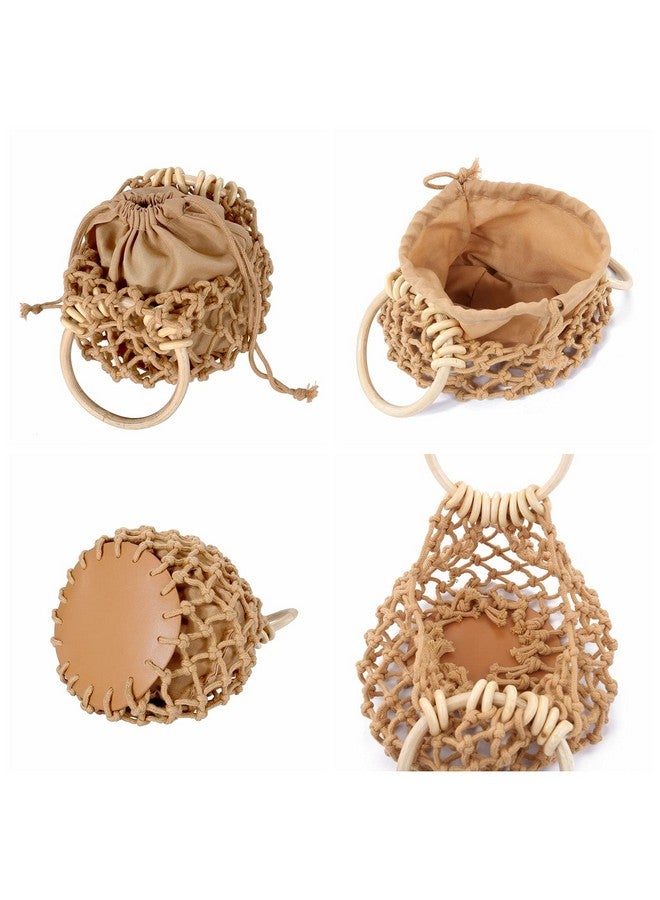 Ayliss Ayliss Women Mini Clutch Tote Handbag Top-handle Bucket Drawstring Handbag Summer Beach Woven Handmade Fishing Net Bag Pouch Purse (Light Khaki, Mini) - Image 4