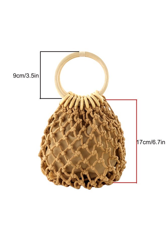 Ayliss Ayliss Women Mini Clutch Tote Handbag Top-handle Bucket Drawstring Handbag Summer Beach Woven Handmade Fishing Net Bag Pouch Purse (Light Khaki, Mini) - Image 1