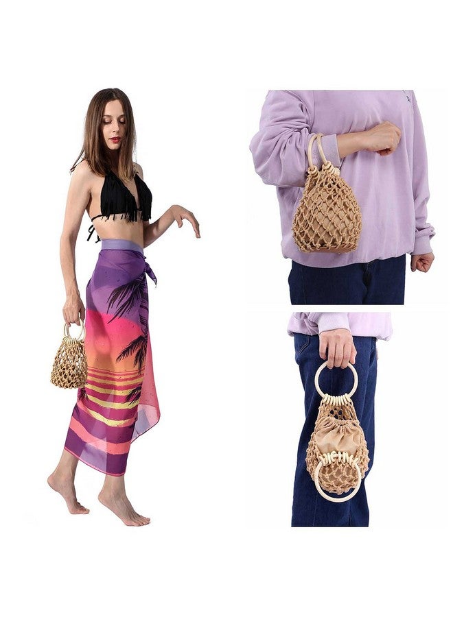 Ayliss Ayliss Women Mini Clutch Tote Handbag Top-handle Bucket Drawstring Handbag Summer Beach Woven Handmade Fishing Net Bag Pouch Purse (Light Khaki, Mini) - Image 2