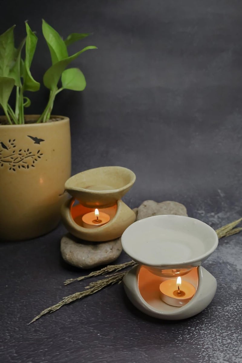 Plavam Flame Ceramic Aroma Oil Burner Aromatherapy Diffuser Tripod Diya Diffuser Tealight Aroma Oil Warmer Lamp for Gifting Home Fragrance Aromatherapy Home Decor White - Image 3