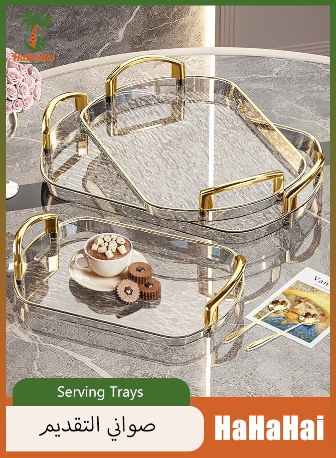 HaHaHai Set of 3 Clear Serving Trays with Golden Handles, Decorative Storage Trays for Coffee Table, Tea, Kitchen, Restaurant, Party - Image 1