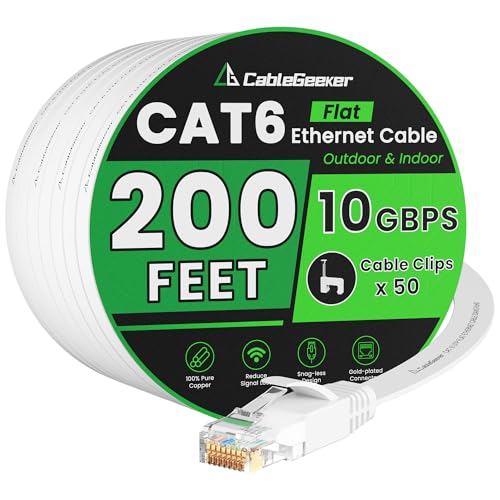 CableGeeker Cat 6 Ethernet Cable 200 ft, High Speed 10Gbps Flat Internet Network Cable, Pure Copper Ethernet Patch Cable Long, Computer LAN Cable with Clips & Straps for Router, Modem, PS4/5, White - Image 1