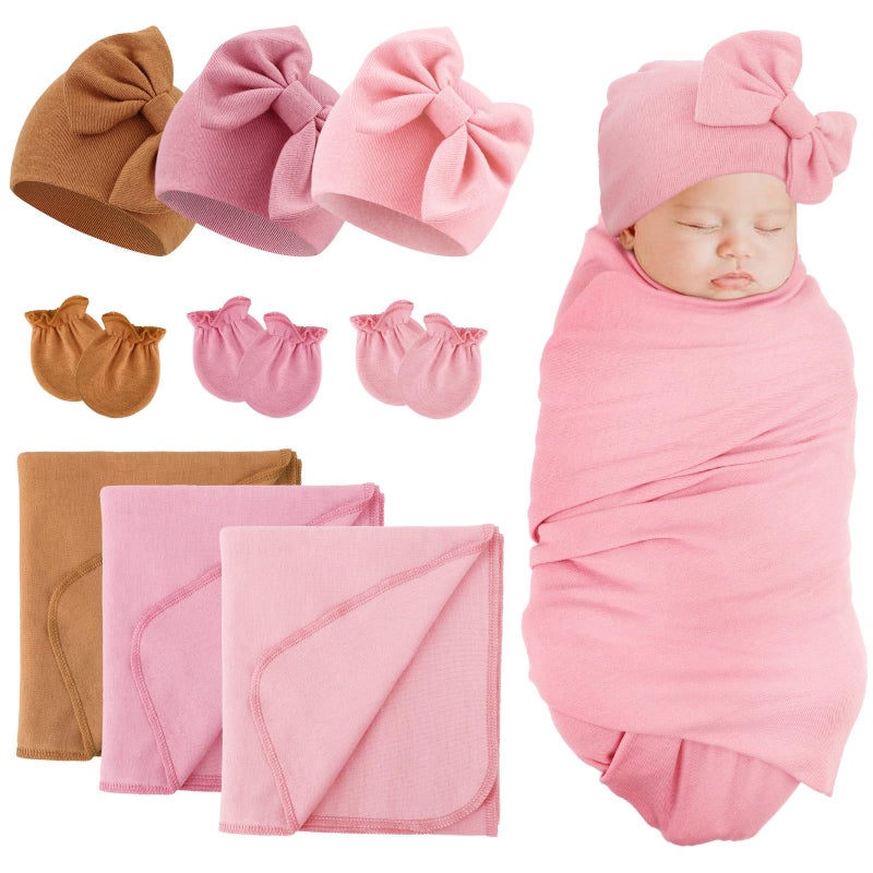 DRESHOW BQUBO Newborn Receiving Blanket Bow Hat Gloves Set Cotton Warm Baby Swaddle Blanket Wrap Baby Sleep Sack Shower Gift - Image 1