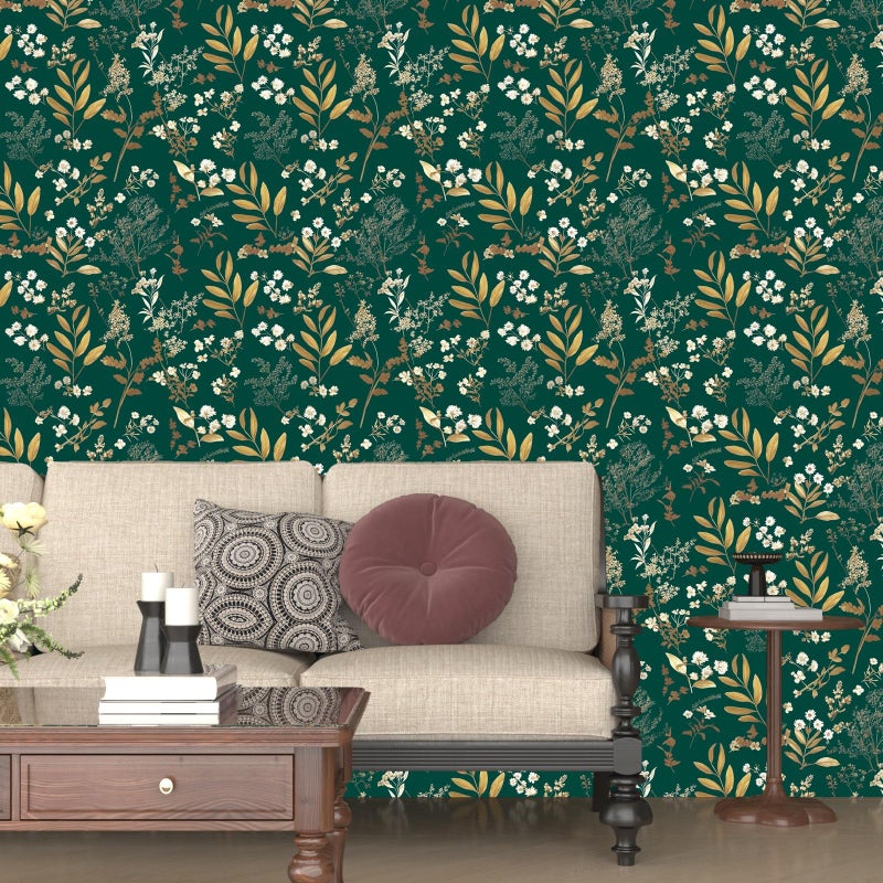 Laatse Dark Green Floral Wallpaper Peel and Stick Green Golden Leaf Wallpaper Vintage Floral Contact Paper Waterproof Self Adhesive Boho Delicate Wall Paper for Cabinet Rooms Walls Locker 17.5" x 118" - Image 5
