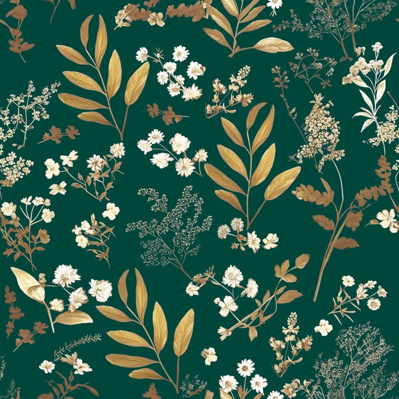 Laatse Dark Green Floral Wallpaper Peel and Stick Green Golden Leaf Wallpaper Vintage Floral Contact Paper Waterproof Self Adhesive Boho Delicate Wall Paper for Cabinet Rooms Walls Locker 17.5" x 118" - Image 1