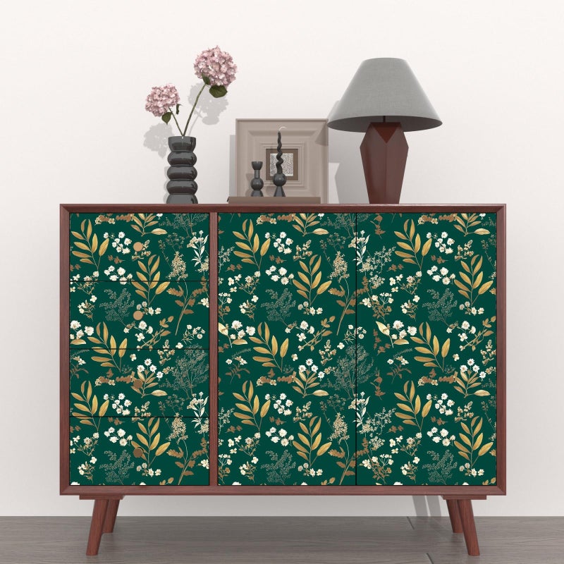 Laatse Dark Green Floral Wallpaper Peel and Stick Green Golden Leaf Wallpaper Vintage Floral Contact Paper Waterproof Self Adhesive Boho Delicate Wall Paper for Cabinet Rooms Walls Locker 17.5" x 118" - Image 3