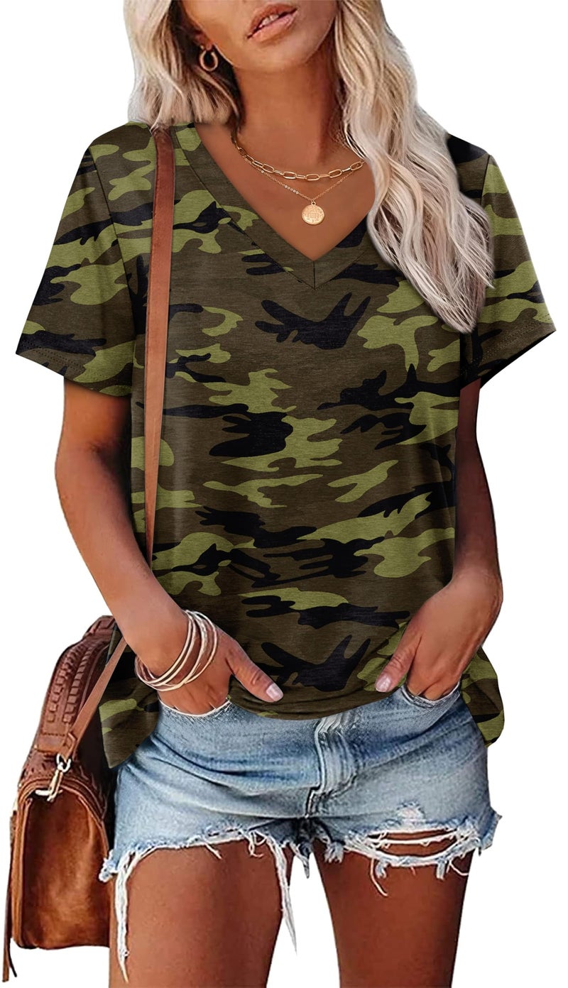 Alaroo Summer Tops for Women 2026 Short Sleeve Tunic Tops V Neck T Shirts for Women Camouflage Print 17 M - Image 2