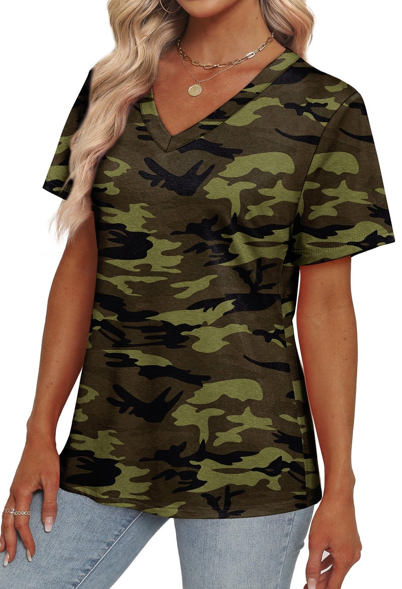 Alaroo Summer Tops for Women 2026 Short Sleeve Tunic Tops V Neck T Shirts for Women Camouflage Print 17 M - Image 3
