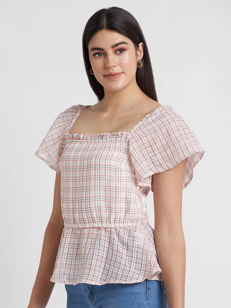 globus Women Checked Square Neck Flared Sleeves Peplum Top