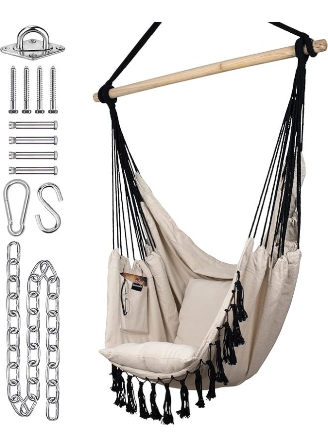 Antikiano Delight  Boho Hanging Hammock Chair with Cushions, Side Pocket and Decorative Tassels for Indoor and Outdoor Relaxation - Image 1