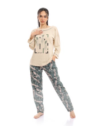 Wide Boat Neck Tee & Patterned Pants Pajama Set