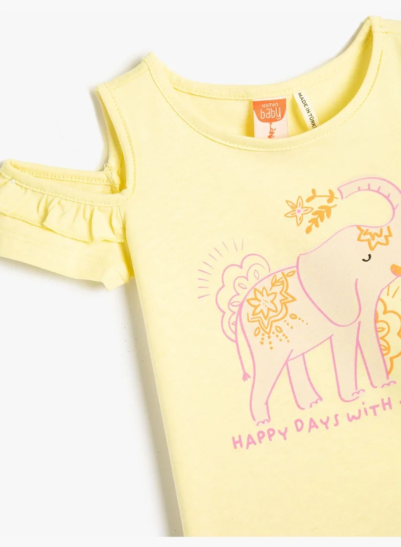 KOTON T-Shirt Cut Out Detail Printed Short Sleeve Crew Neck Cotton