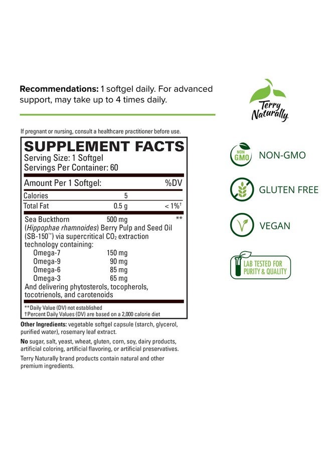 Terry Naturally Omega 7 Dry Eye Relief 500 Mg Sea Buckthorn 60 Vegan Softgels Eye Moisture Support Supplement With Omegas 7 9 6 & 3 Non Gmo Gluten Free 60 Servings - Image 3