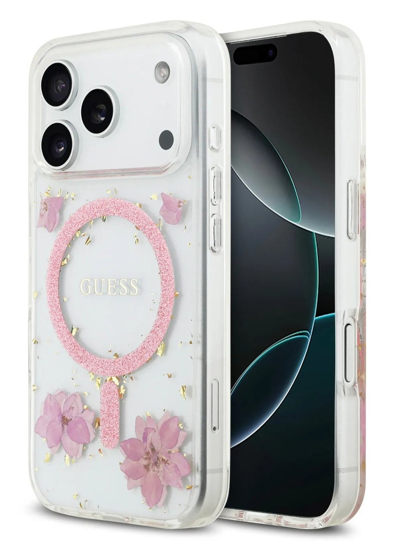 GUESS iPhone 17 Pro Max MagSafe Case / Reisn Case Cover With Flowers & Glitter Pattern - Pink - Image 1