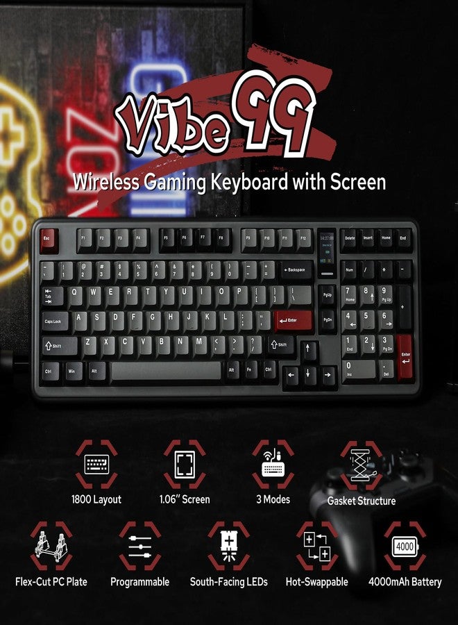 MechLands Vibe99 Wireless Gaming Keyboard with 1.06 Inch Screen, 100 Keys Gasket Mechanical Keyboard, Hot Swappable Creamy Keyboard with BT5.0/2.4GHz/USB-C, 5-Layer Padding, RGB, NKRO (Black) - Image 2