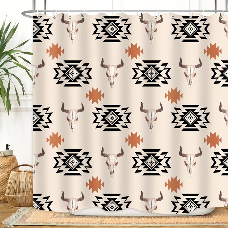 ZXMBF Western Aztec Shower Curtain Vintage Boho Cow Head Geometric 72x72 Inch Rustic Native American Tribal Abstract Beige Bathroom Decor Polyester Waterproof Fabric with 12 Plastic Hooks