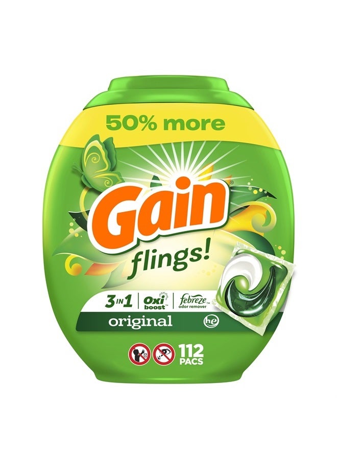 Gain flings Laundry Detergent Soap Pacs HE Compatible 112 ct Long Lasting Scent Original Scent  - Image 1