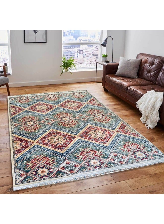 HANDPICKED FURNITURE سجادة خضراء تقليدية منتقاة بعناية، سجاد منطقة فائق النعومة لغرفة النوم وغرفة المعيشة وغرفة الطعام، سجاد أرضية مضاد للانزلاق، سهل التنظيف، صنع في تركيا  - Image 1