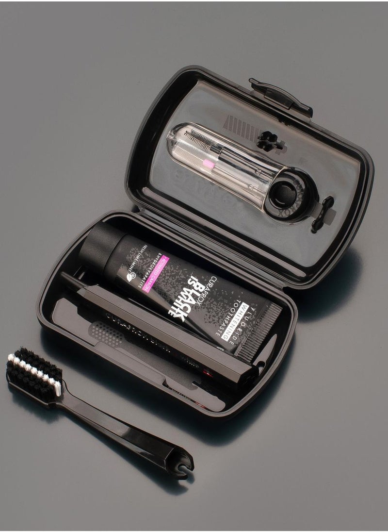 CURAPROX - Curaprox Black is White Travel Set. Set includes Travel Toothbrush CS 5460, 10ml Black is White Toothpaste, Carbon Interdental Brush CPS prime 07, CPS prime 09. - Image 1