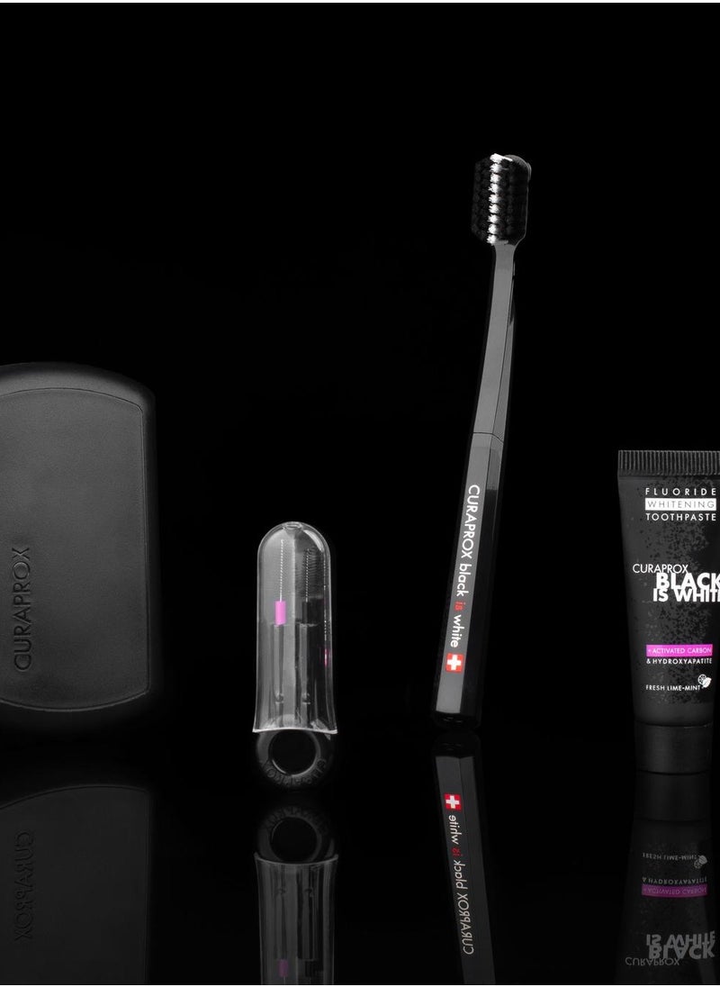 CURAPROX - Curaprox Black is White Travel Set. Set includes Travel Toothbrush CS 5460, 10ml Black is White Toothpaste, Carbon Interdental Brush CPS prime 07, CPS prime 09. - Image 1