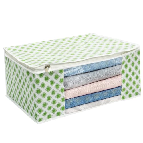 AARON INC Set of 1 Non-Woven Saree Covers With Zip, Clothes Storage Organizer Bag, Transparent Window, Home Clothing Storage Box, Wardrobe Organiser Saree Bags, Printed, Green Pack of 1 - Image 1