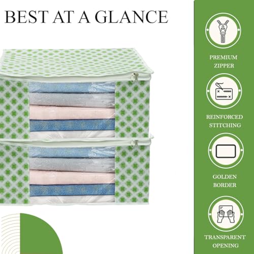 AARON INC Set of 1 Non-Woven Saree Covers With Zip, Clothes Storage Organizer Bag, Transparent Window, Home Clothing Storage Box, Wardrobe Organiser Saree Bags, Printed, Green Pack of 1 - Image 4