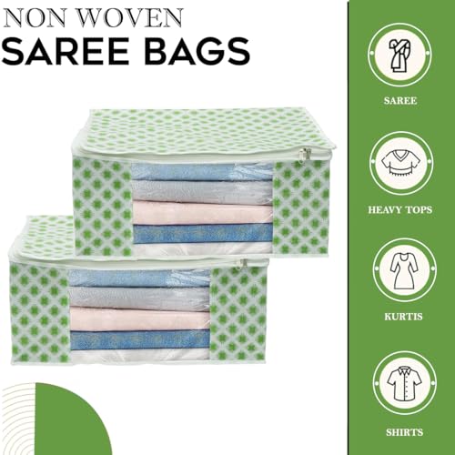 AARON INC Set of 1 Non-Woven Saree Covers With Zip, Clothes Storage Organizer Bag, Transparent Window, Home Clothing Storage Box, Wardrobe Organiser Saree Bags, Printed, Green Pack of 1 - Image 2