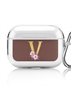 Classic Clear printed Case for Apple AirPods Pro 2nd Generation Thin Transparent Cover - Custom Monogram Initial Letter Floral Pattern Alphabet - V (Brown )