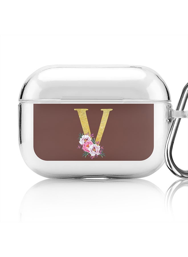 Stylizedd - Classic Clear printed Case for Apple AirPods Pro 2nd Generation Thin Transparent Cover - Custom Monogram Initial Letter Floral Pattern Alphabet - V (Brown ) - Image 1