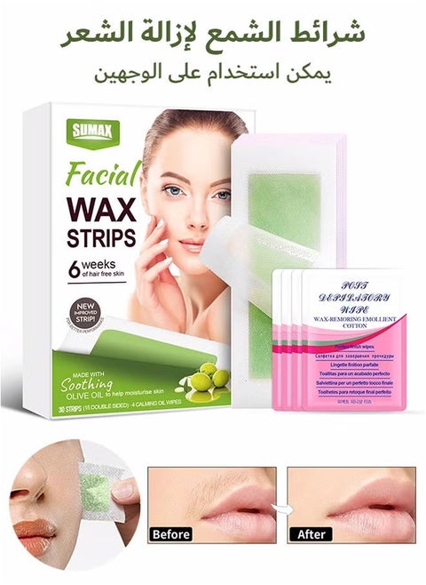 Wax Strips for Hair Removal, Double Sides Facial Body Wax Strips, Waxing Kit with 30 Face Wax Strips and 4 Calming Oil Wipes