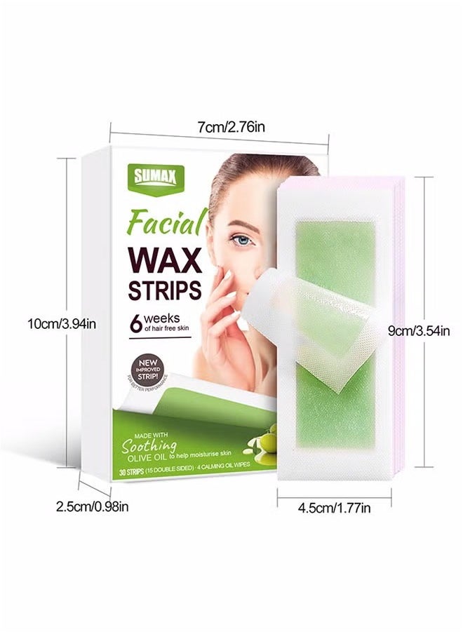 SUMAX - Wax Strips for Hair Removal, Double Sides Facial Body Wax Strips, Waxing Kit with 30 Face Wax Strips and 4 Calming Oil Wipes - Image 1