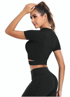 RIOXS Women's Short Sleeve Athletic Crop Tops, Training Short Tops, Comfortable Yoga Tops, Stretchy Quick-drying Running Tank Tops, Slim Fit T-shirt with Cross-cutting Design, Suitable for All Sports Indoors and Outdoors  - Image 3