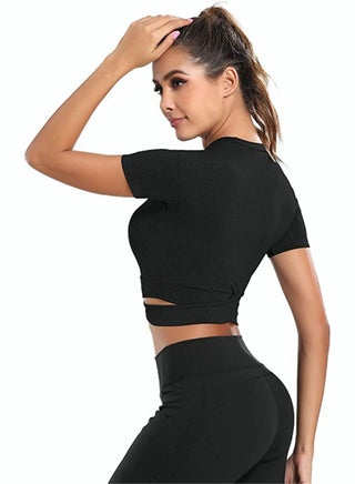 Women's Short Sleeve Athletic Crop Tops, Training Short Tops, Comfortable Yoga Tops, Stretchy Quick-drying Running Tank Tops, Slim Fit T-shirt with Cross-cutting Design, Suitable for All Sports Indoors and Outdoors - view 3