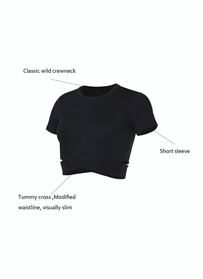 RIOXS - Women's Short Sleeve Athletic Crop Tops, Training Short Tops, Comfortable Yoga Tops, Stretchy Quick-drying Running Tank Tops, Slim Fit T-shirt with Cross-cutting Design, Suitable for All Sports Indoors and Outdoors - Image 1